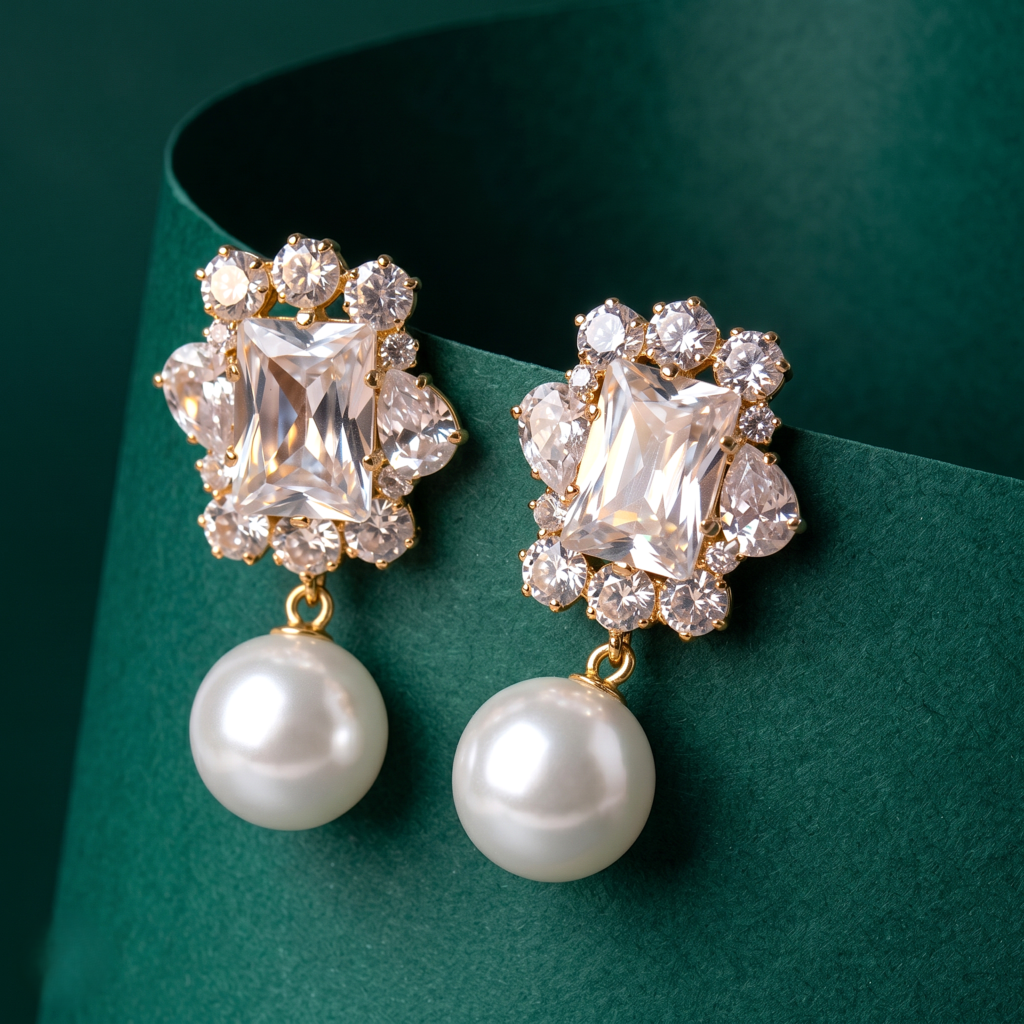 Elegant & Glamorous Premium Gold Crystal Pearl Drop Stud Earrings for Women & Girls | Sparkling Rectangular Rhinestone Statement Earrings | Party, Wedding & Festival Jewelry – KANKAALI