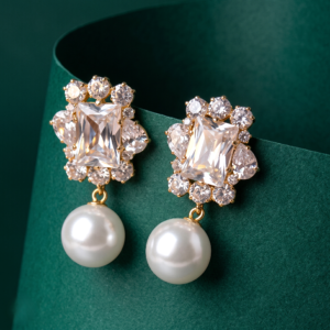 Elegant & Glamorous Premium Gold Crystal Pearl Drop Stud Earrings for Women & Girls | Sparkling Rectangular Rhinestone Statement Earrings | Party, Wedding & Festival Jewelry – KANKAALI