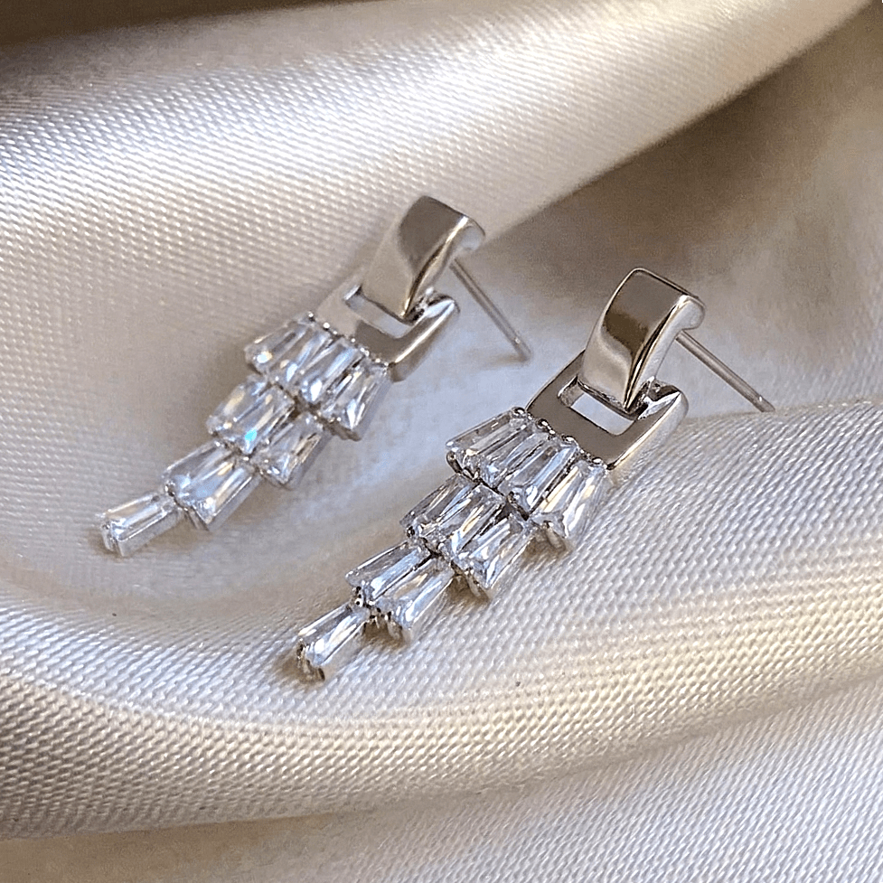 Premium Silver Baguette Crystal Cascading Drop Earrings for Women & Girls | Elegant Geometric Dangle Jewelry | Party & Festive Wear – KANKAALI